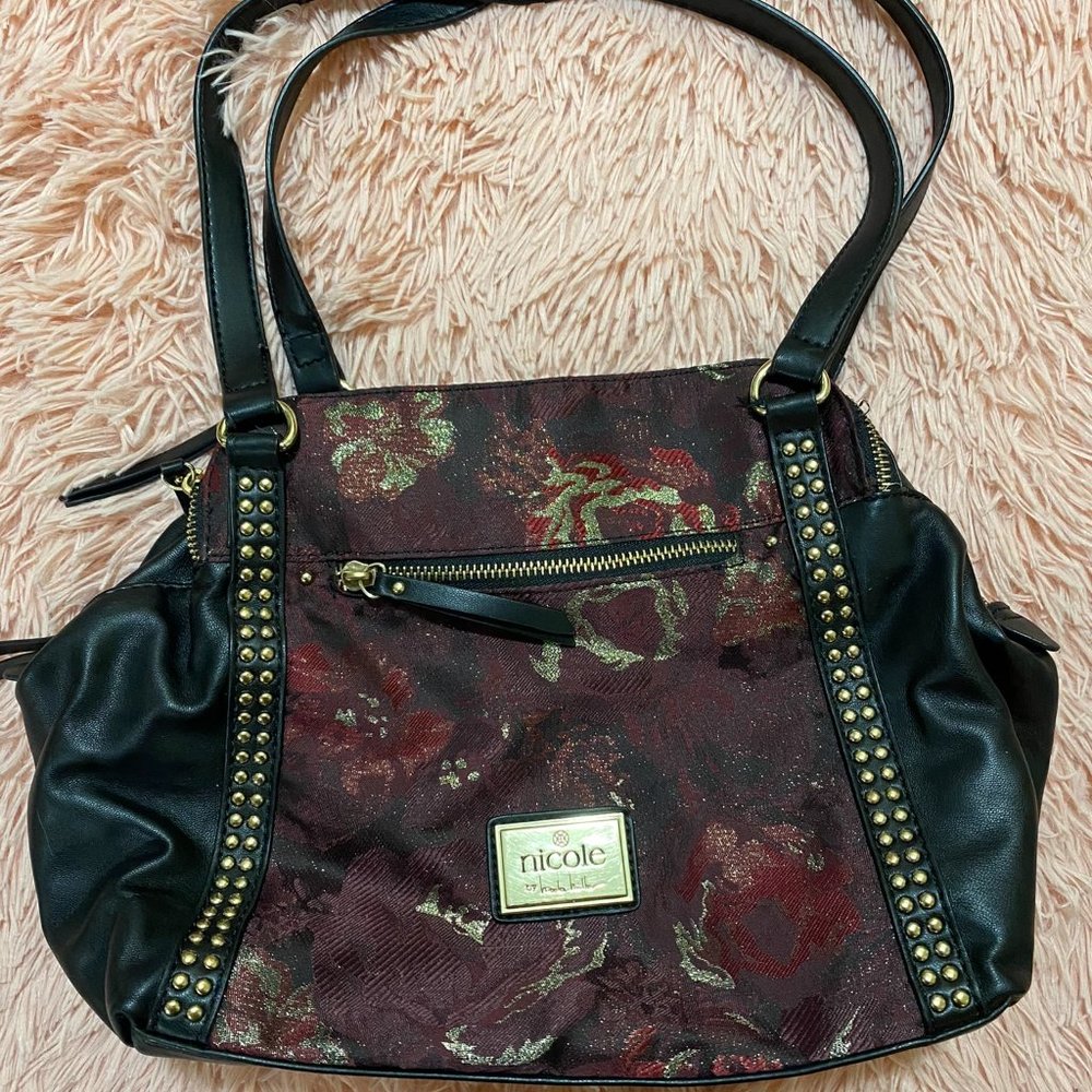 Nicole by Nicole Miller Multi-Pocket Polyester Red and Black Studded Satchel